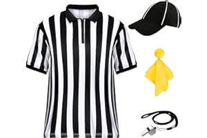 COMFYKIT Men's Referee Costume Kit,Referee Shirt Stripe Umpire Jersey,Hat,Stainless Steel Whistle with Lanyard,Penalty Flag for Football Soccer Sports and Halloween Cosplay Outfits
