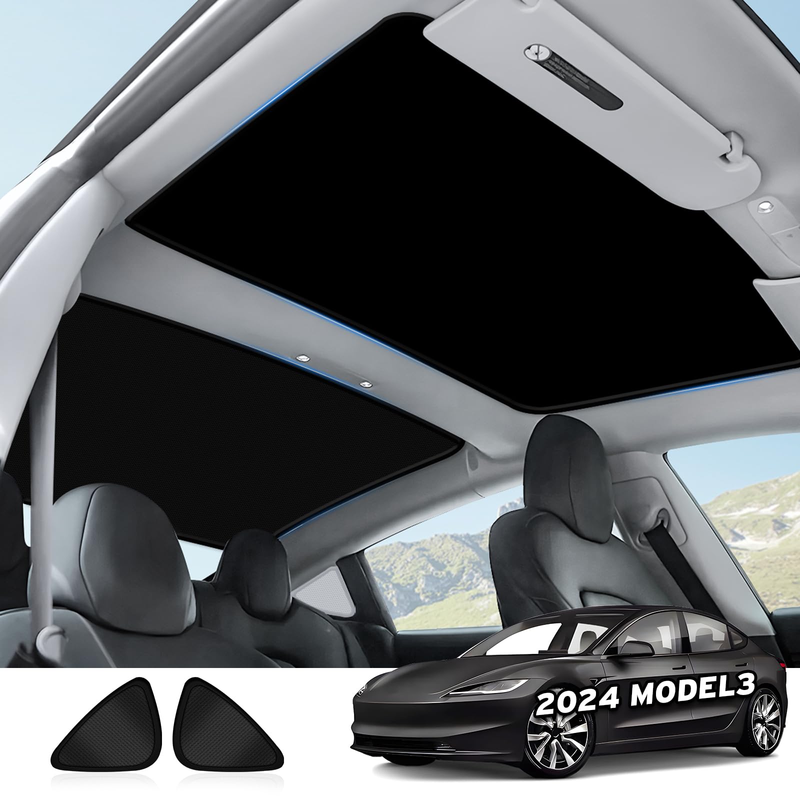 Photo 1 of 2025 Upgraded Model 3 Highland Roof Sunshades, 2 in 1 Ice Crystal Sunshades for 2024 2025 Refreshed Tesla Model 3 Glass Roof Sunshades with Triangular Sunshades UV/Sun Protection Heat Insulation