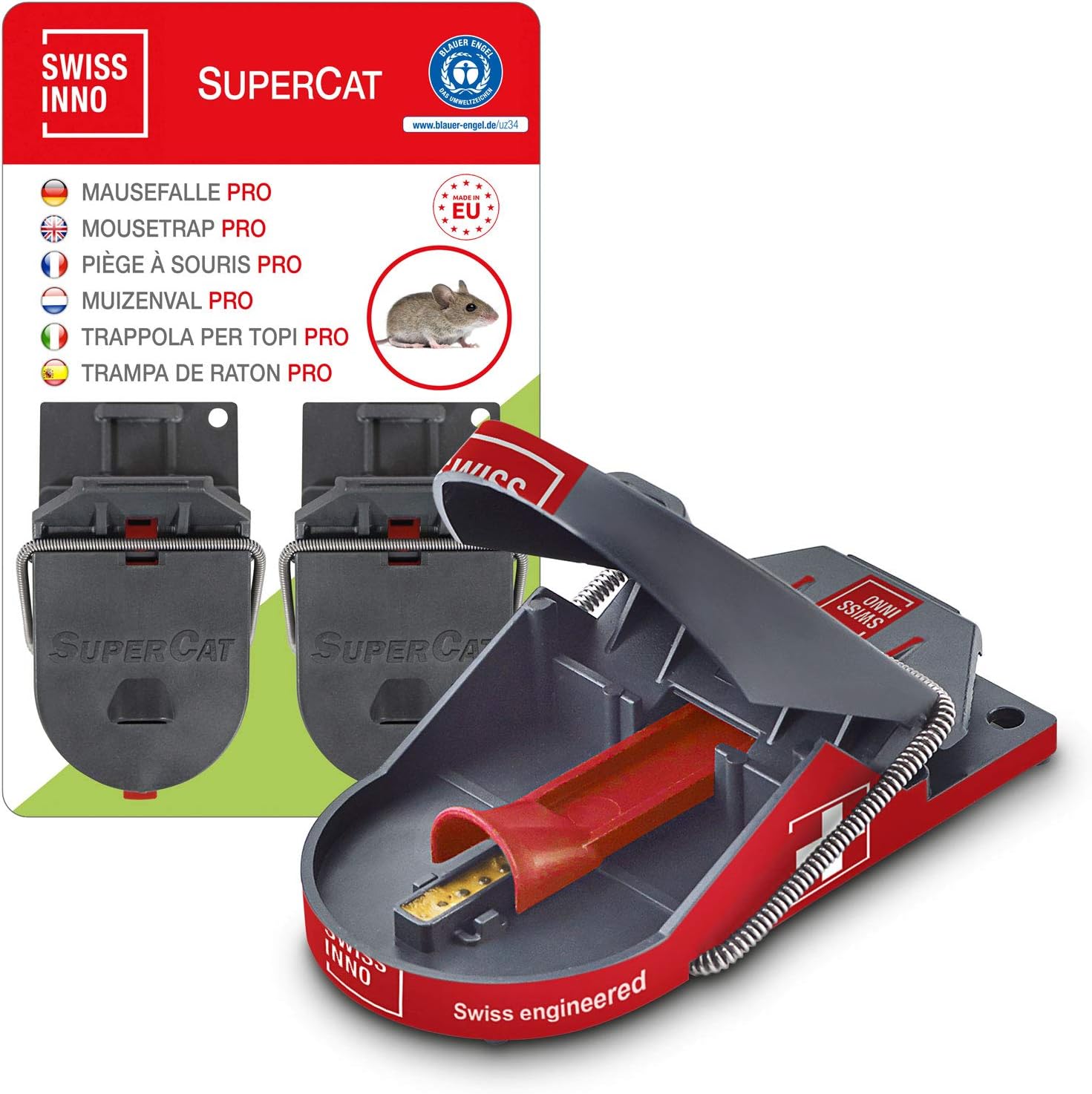 SWISSINNO Mousetrap PRO SuperCat, Efficient and Humane + Reusable mice traps with food bait, Catch + Kill instantly