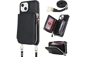 Hamany Phone Purses with Cross Body Strap iPhone 14 Case for Women iPhone 13 Wallet Case with Card Holder Flip Folio Leather Zipper Cover with Credit Holder-Black