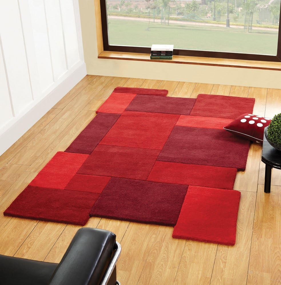 Large Soft 100% Thick Wool Abstract Shape Rug in Red 120 x 180 cm (4' x 6') Carpet