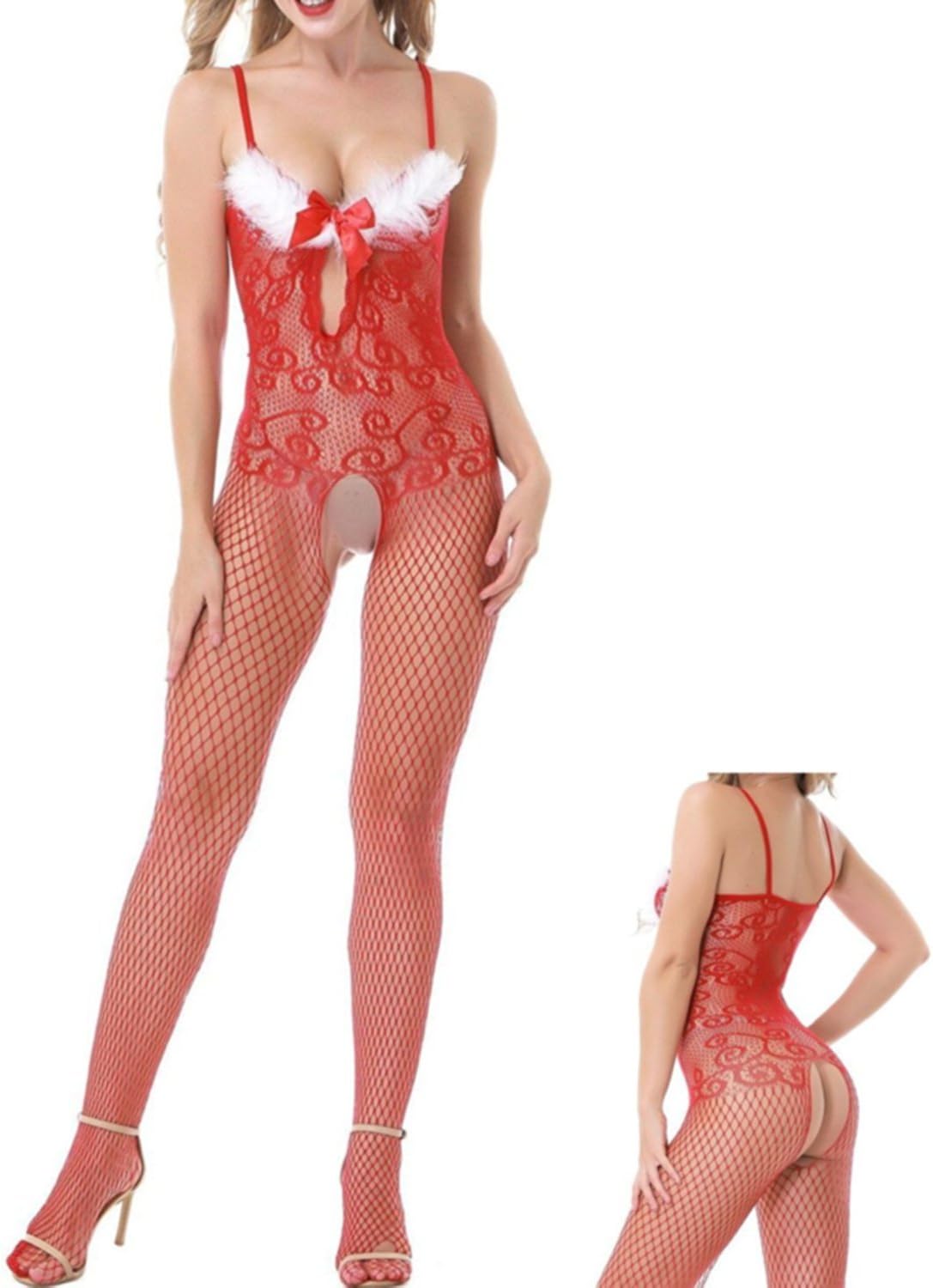 YINTAO Womens Sexy Lingerie Strap Bowknot Crotchless Bodysuits Christmas Cosplay Bodystocking Red