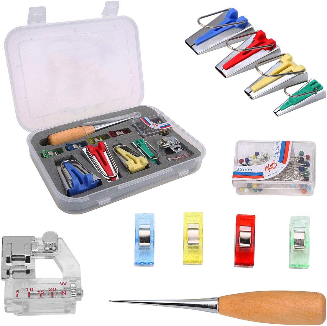 Fabric Bias Binding Tape Maker Kit of 4 Sizes 6mm/12mm/18mm/25mm Sewing Quilting Tool with Tape Binding Presser Foot, Quilting Awl, Ball Pins, Sewing Clips