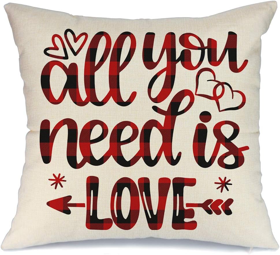 AENEY Valentines Pillow Cover 18x18 for Couch All You Need is Love Red Black Buffalo Check Plaid Happy Valentine's Day Decorations Throw Pillow Home Decor Pillowcase Faux Linen Cushion Case Sofa A184