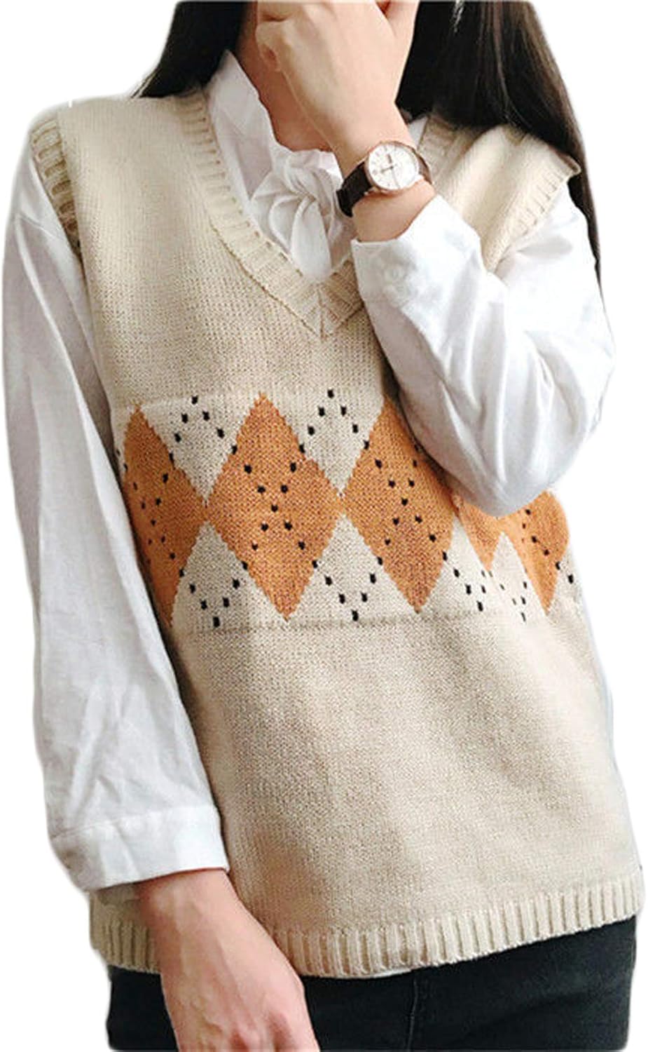 Women Sweater Vest V Neck Geometric Argyle Sleeveless Knit Pullover