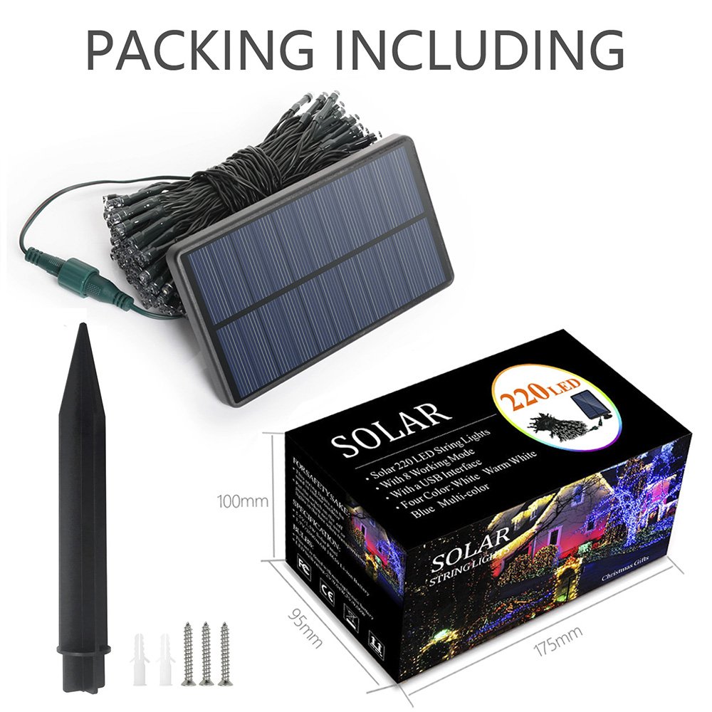 Solar String Lights 77ft 220 LED Fairy Lights ,8 Modes Outdoor String Lights Waterproof Blue Christmas Decorative Ambiance Lighting for Patio,Lawn,Garden,Home,Wedding,Holiday,Xmas Tree/USB Charge