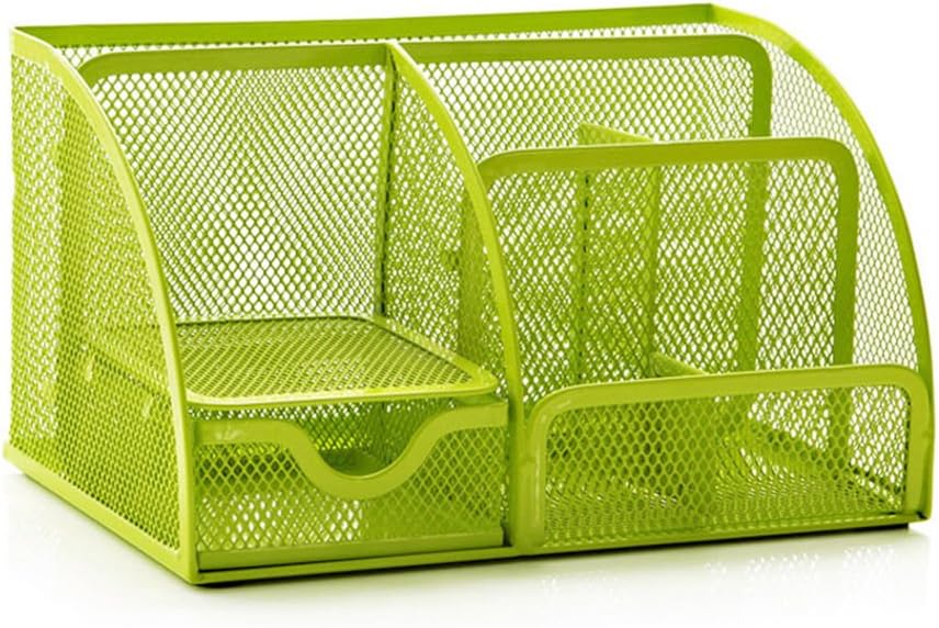 HK Home 5 Compartment MESH Desk Organiser with Drawer -Office Stationery & Memo Block Holder Includes Stationery Starter Set (Green)