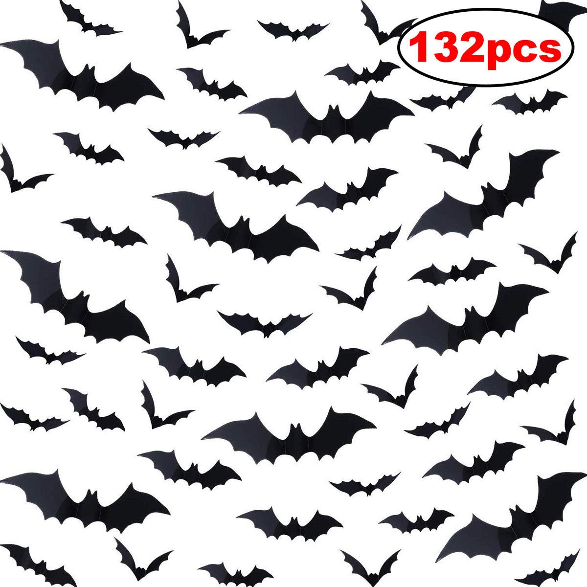 TissueDeep 132pcs Halloween 3D Bats Wall Decal Decorative Scary Wall Sticker, 4 Size, Halloween Eve Decor Home Window Decoration Set Party Supplies