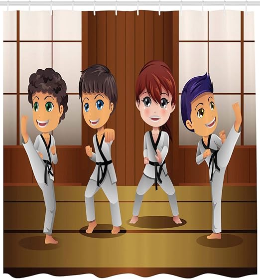 Amazon Ambesonne 空手シャワーカーテン 子供用 格闘技の練習 道場のイラスト 布生地 バスルーム装飾セット フック付き レッドウッド マルチカラー 105 W By 69 L Sc 69x105 シャワーカーテン ホーム キッチン オンライン通販