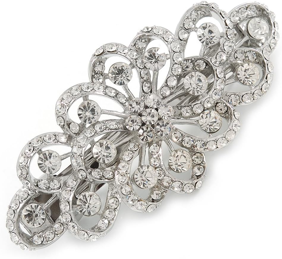 Bridal Wedding Prom Silver Tone Filigree Diamante Floral Barrette Hair Clip Grip - 80mm Across