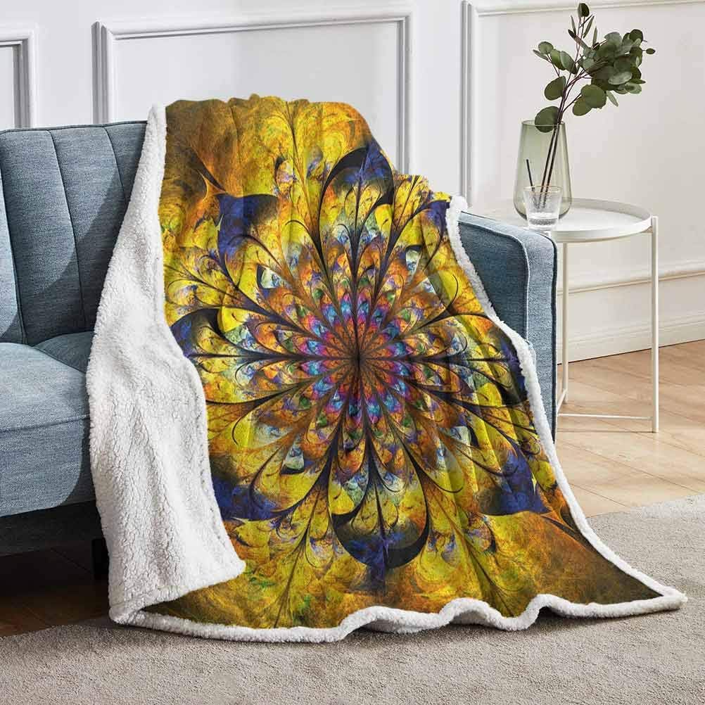 YUAZHOQI Yellow and Blue Fleece Blankets with Golden Floral Ornamental
