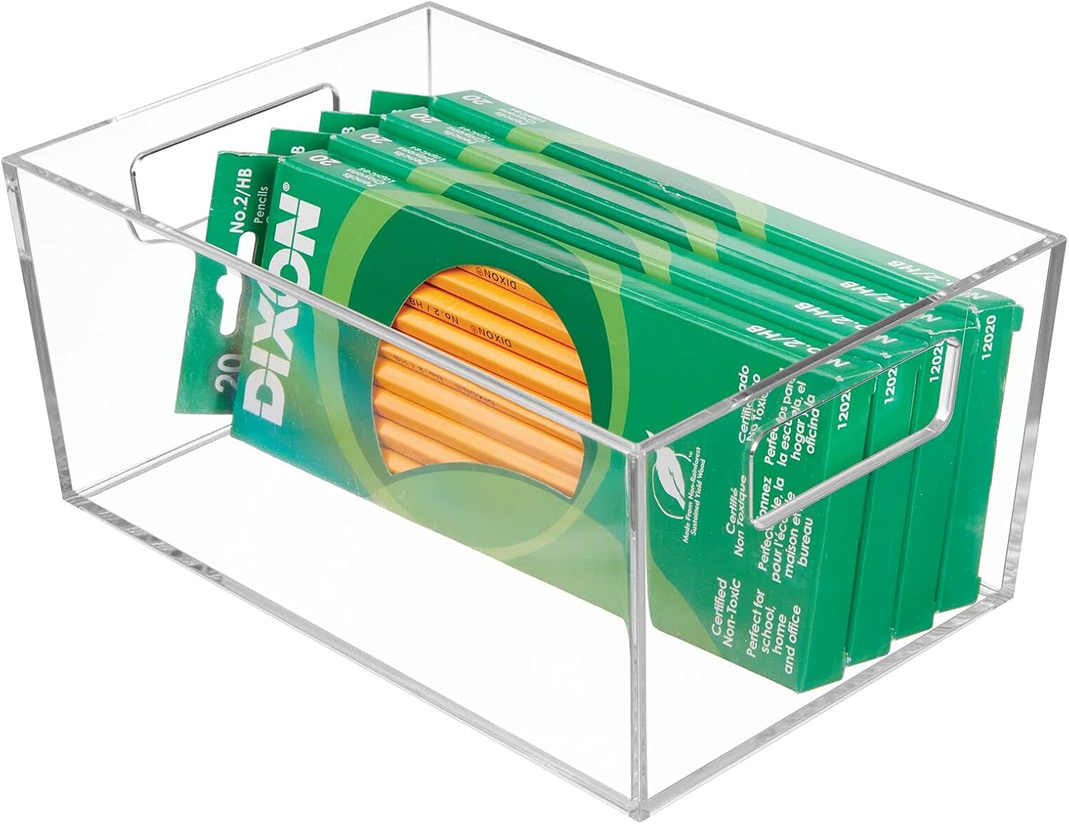 mDesign Rectangular Plastic Office Supplies Storage Organizer Bin with Handles for Paper Pads, Pens, Pencils, Dry Erase Markers, Highlighters, Sticky Notes, Mailing Labels - Small, 2 Pack - Clear: Home & Kitchen