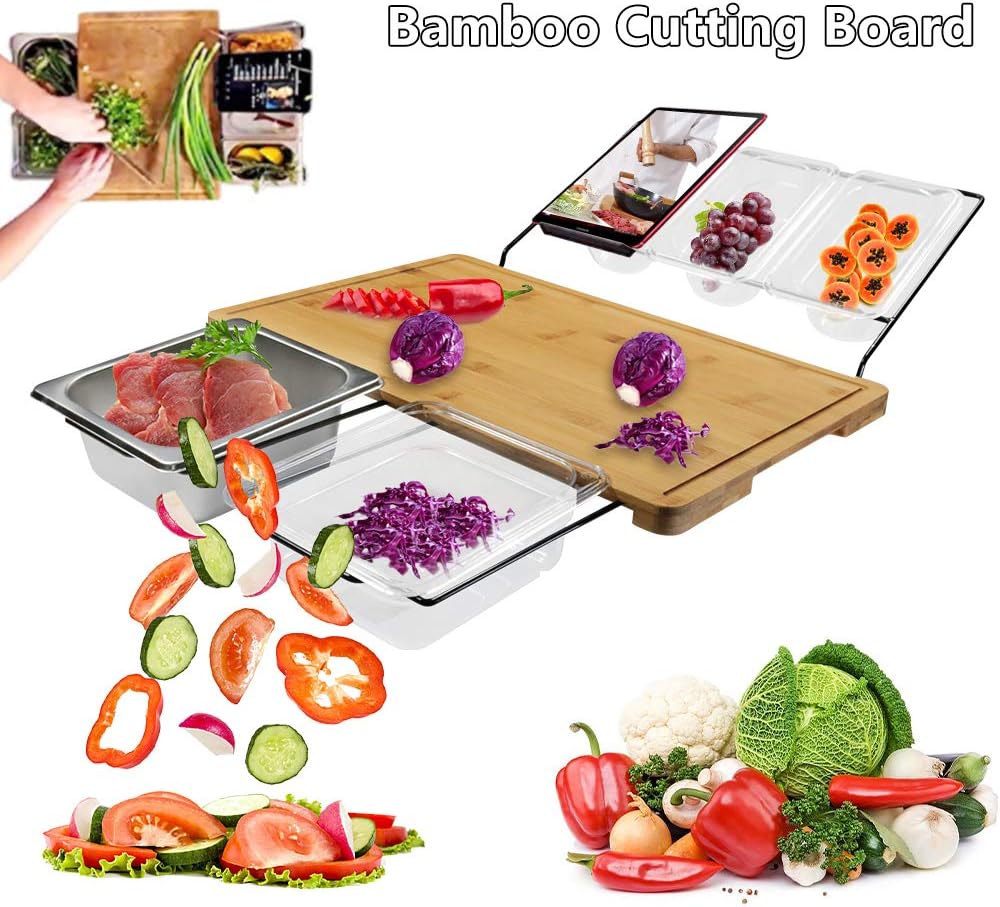 Bamboo Cutting Board with Trays Storage for Kitchen, Multifunctional Cutting Board with Shelf & Storage Box - Spare Food Ingredients, Meat, Vegetables, Fruits, Mobile Phones 1 Set