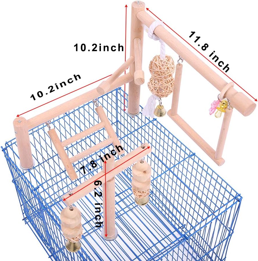 QBLEEV Bird Cage Play Stand Toy Set-Birdcage Wood Stands Hanging Chew Toys Ladder Swing Parrot Perch Play Gym Playground Accessories Activity Center for Conure, Parakeets, Budgie, Cockatiels, Lovebirds : Pet Supplies