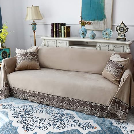 plush sofa slipcover vintage 1 piece sofa cover lace solid color couch cover anti slip furniture protector for 1 2 3 4 seaters sofa beige