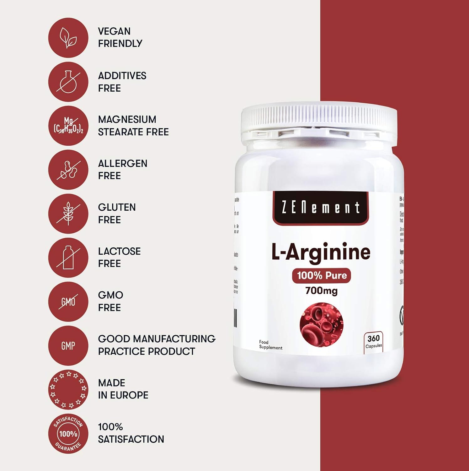 L-Arginine 2800 mg per Daily Dose (4 Capsules), Pure, Free-Form Arginine, Without HCL for Greater Bioavailability - Image 4