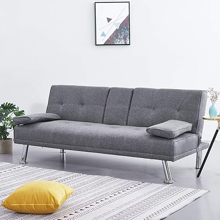 Wellgarden Modern 3 Seater Sofa Bed Line Fabric Sofa Couch Settee Sleeper With Cup Holders And 2 Free Cushions For Living Room Grey Amazon Co Uk Kitchen Home