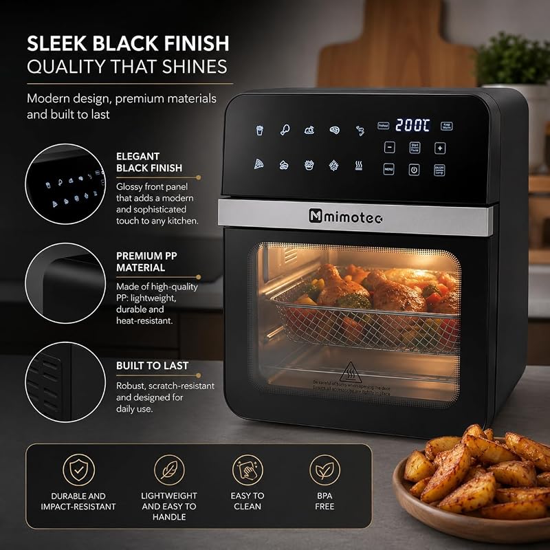 – Friggitrice ad aria Vera Touch 10L, Senza olio, 1800W, 10 programmi digitali, Touch Screen, Funzione grill, Timer regolabile, 2 livelli, Temperatura 80-200°C, Cottura sana