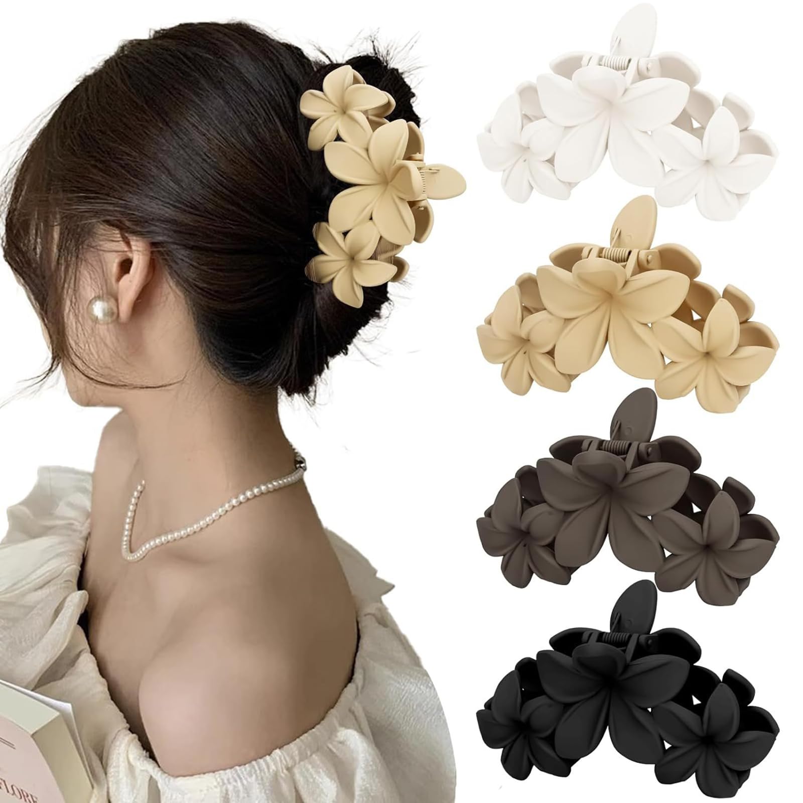 Ling & Bai 4Pcs Flower Hair Claw Big Frosted Clip Cute Strong Hold Headdresses Large Hair Styling Accessories for Women (Black Deep Gray Khaki White)