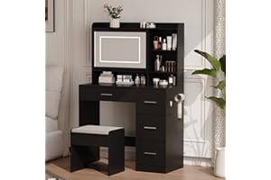 Viaozutis Vanity Desk with a Mirror and Lights，with Chair and Four Drawers, Three Adjustable Lighting Modes，with Power Outlet and Sliding LED Mirror,Bedroom Vanity Desk (Black)