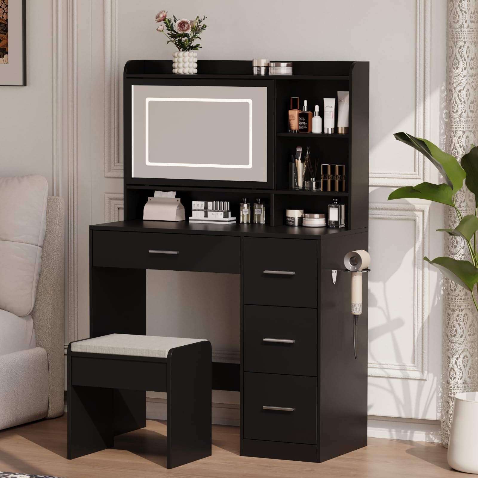Photo 1 of ***MIRROR AND TOOLS ARE MISSING*** Vanity Desk with a Mirror and Lights?with Chair and Four Drawers, Three Adjustable Lighting Modes?with Power Outlet and Sliding LED Mirror,Bedroom Vanity Desk (Black)