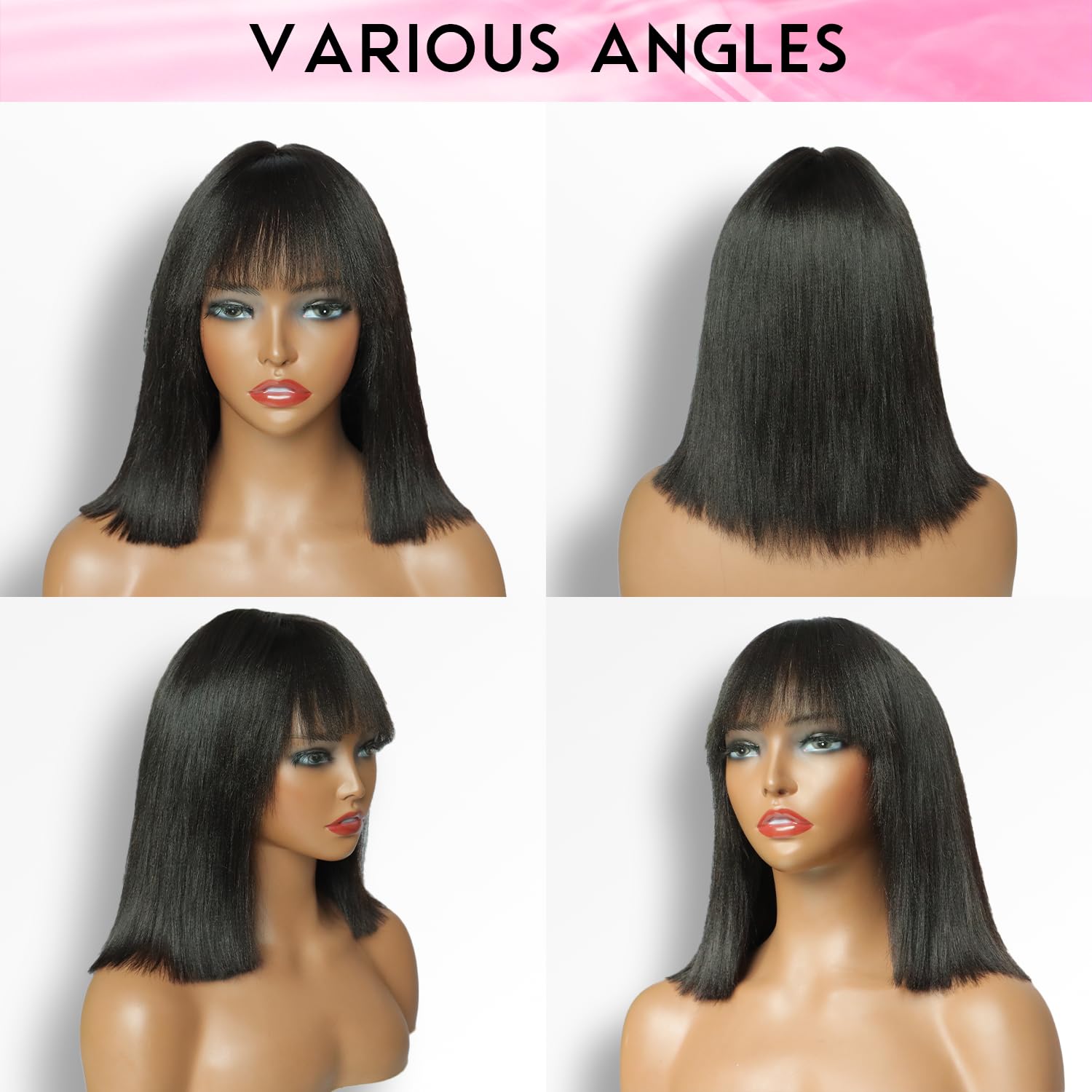 10 Inch Yaki Straight Bob Wig Human Hair with Bangs 1X4 Lace Short Black Bob Wigs with Breathable Cap Blunt Cut Bob Wig 200 Density For Women