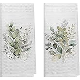 Kemingni Sage Green Eucalyptus Kitchen Towels Set of 2, Watercolor Leaf Decorative Hand Towels for Bathroom, Kitchen Decor, 16x24 Inches