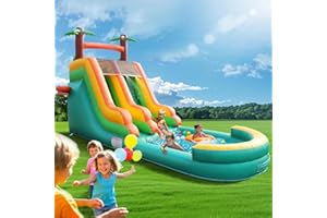 KAIWRXIN Inflatable Water Slide for Kids & Adults, 26FT 100% PVC Waterslide with Big Splash Pool, Widen Slide with Shallow Pool, 950W Air Blower, Ideal for Backyard, Park (Green Coconut Tree Design) 2