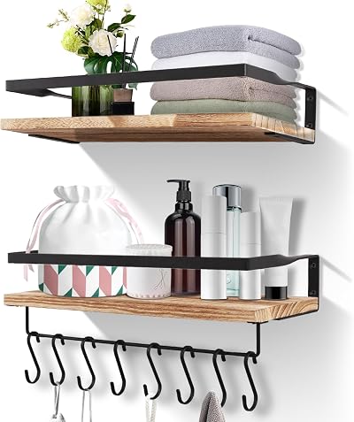 Uten Floating Shelves Wall Mounted 16.5in Wood Set with 8 Hooks Towel Bar