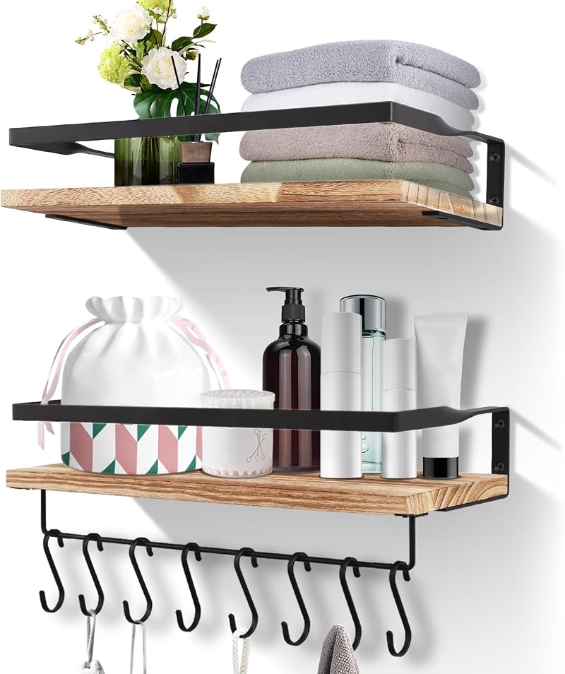 Uten Floating Shelves Wall Mounted 16.5in Wood Set with 8 Hooks Towel Bar