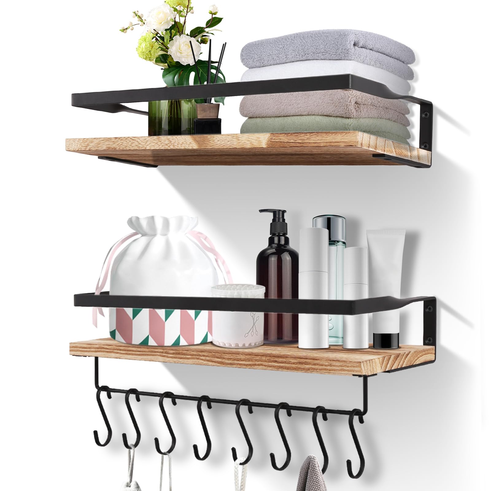 Uten Floating Shelves Wall Mounted Shelf, Light Brown Solid Shelf, Wooden Shelves Set Spirit Level, Towel Bar 8 Hooks for Bedroom, Living Room, Office, Kitchen Storage & Organisation — image 1