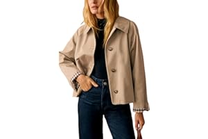 Yeokou Women Oversize Trench Coat Plaid Lining Lapel Button Down Casual Crop Jacket Outwear with Pockets