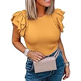 Womens Ruffle Short Sleeve Shirts Slim Fit High Neck Knit Ribbed Tops