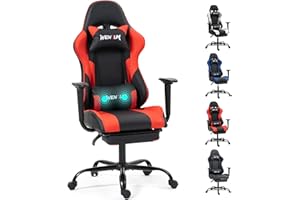 WENTUM Gaming Chair with Footrest, Ergonomic PC Desk Chair with Headrest and Massage Lumbar Support, Video Game Chair w/Height Adjustable High Back for Home Office, Red