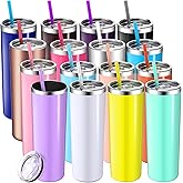 Mimorou 16 Pack Skinny Tumblers Bulk with Lids and Straws 20 oz Stainless Steel Insulated Sublimation Tumblers Slim Water Cup Double Wall Vacuum Travel Coffee Mug for Hot Cold Drink
