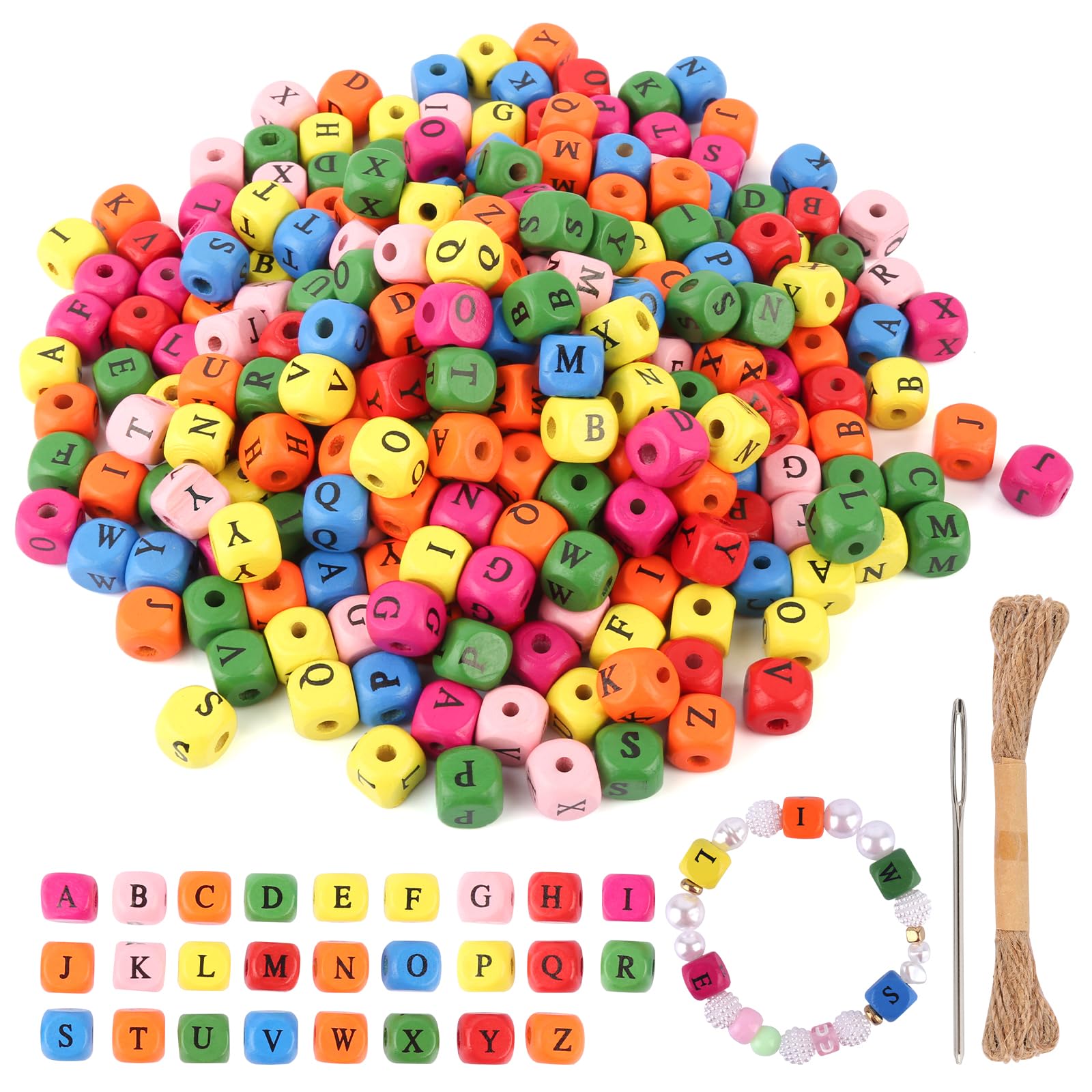 Pack of 300 Wooden Letter Beads, Wooden Beads Letters Colourful, 10 mm A to Z Letter Beads, Wood, Square Wooden Beads for Threading with Thread and Blunt Needles for Jewellery Making