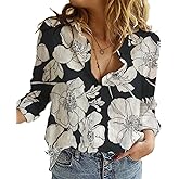 Womens Boho Floral Cotton Linen Shirt V Neck Button Down Roll Up Long Sleeve Lapel Blouse Tops 2025