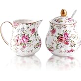 Agyiuns Ceramic Sugar and Creamer Set, 3 Piece Set with Cream Pitcher, Sugar Bowl, Sugar Set with Lid and Spoon (White with flower)