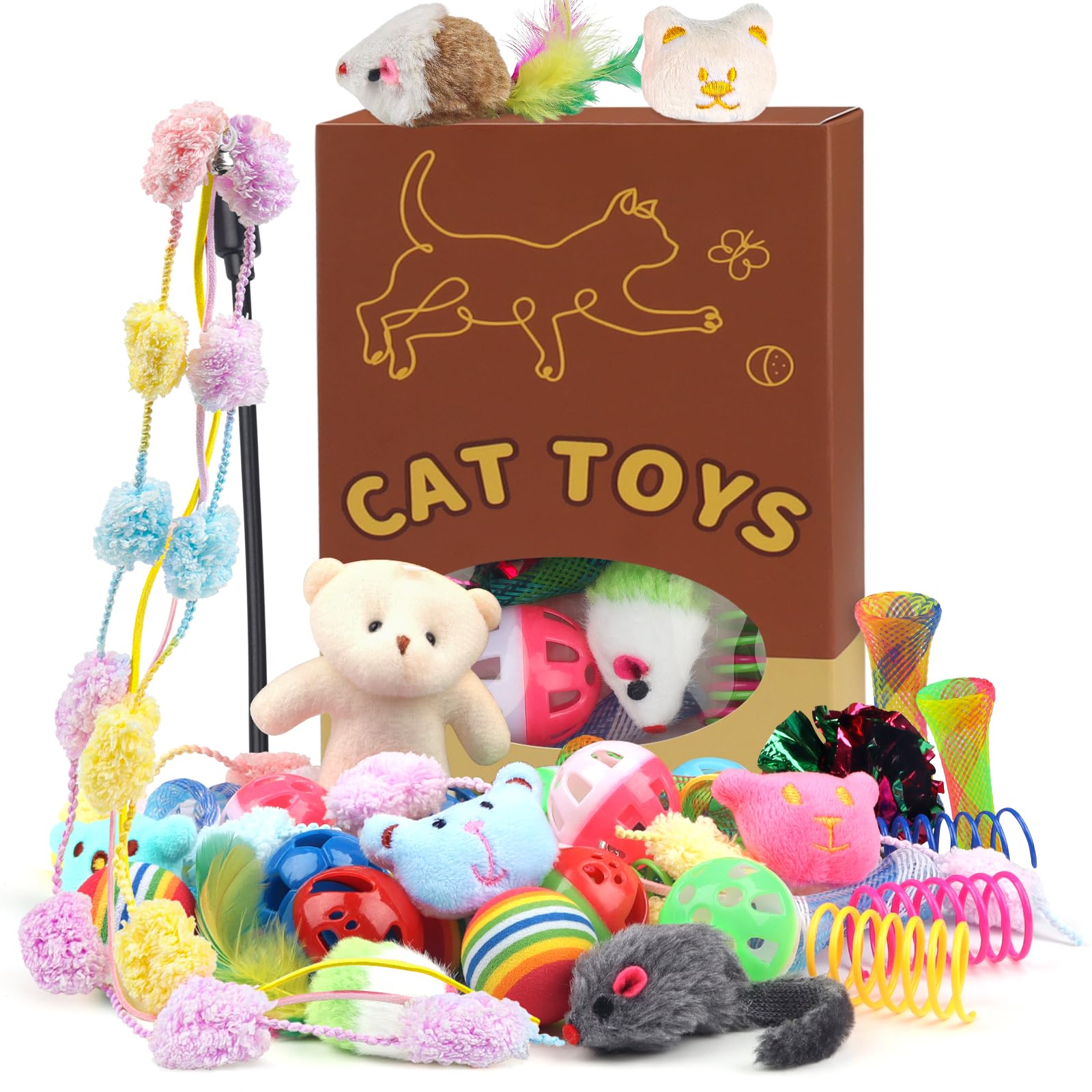QUOZUO 30 Pcs Cat Toy Kitten Toys Set, Interactive Cat Toy Wand Cat Springs Ball Toy with Bells, Cat Toys for Bored Indoor Cats, Gift Box Styles