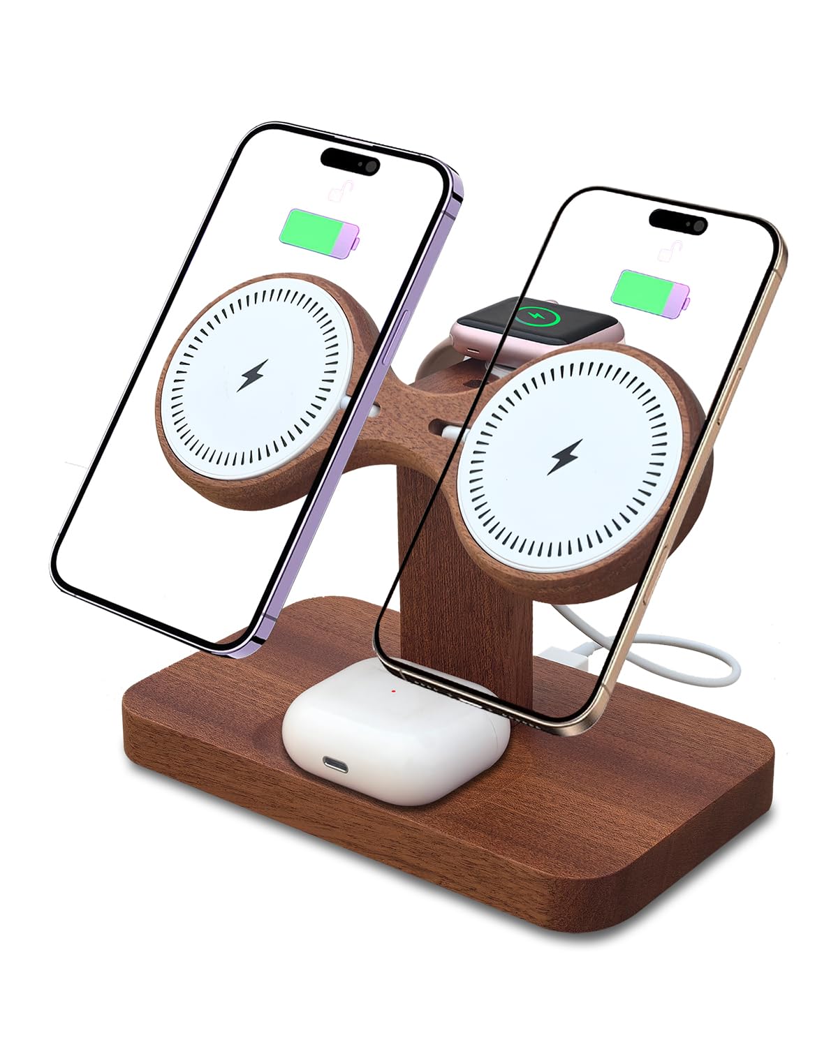 Xunhomon Dual Phone Charging Station for Apple Devices Wood Magnetic Phone Charger Stand for iPhone 17 16 15 14 13 12 Mini Wireless Charger Apple Charging Station for iWatch Series AirPod 4 3 2 Pro