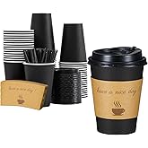 Lamosi 12 oz Disposable Coffee Cups with Lids 50 Pack, Hot Paper To Go Cups with Lids, Stir Sticks and Sleeves, for Home, Travel, Office
