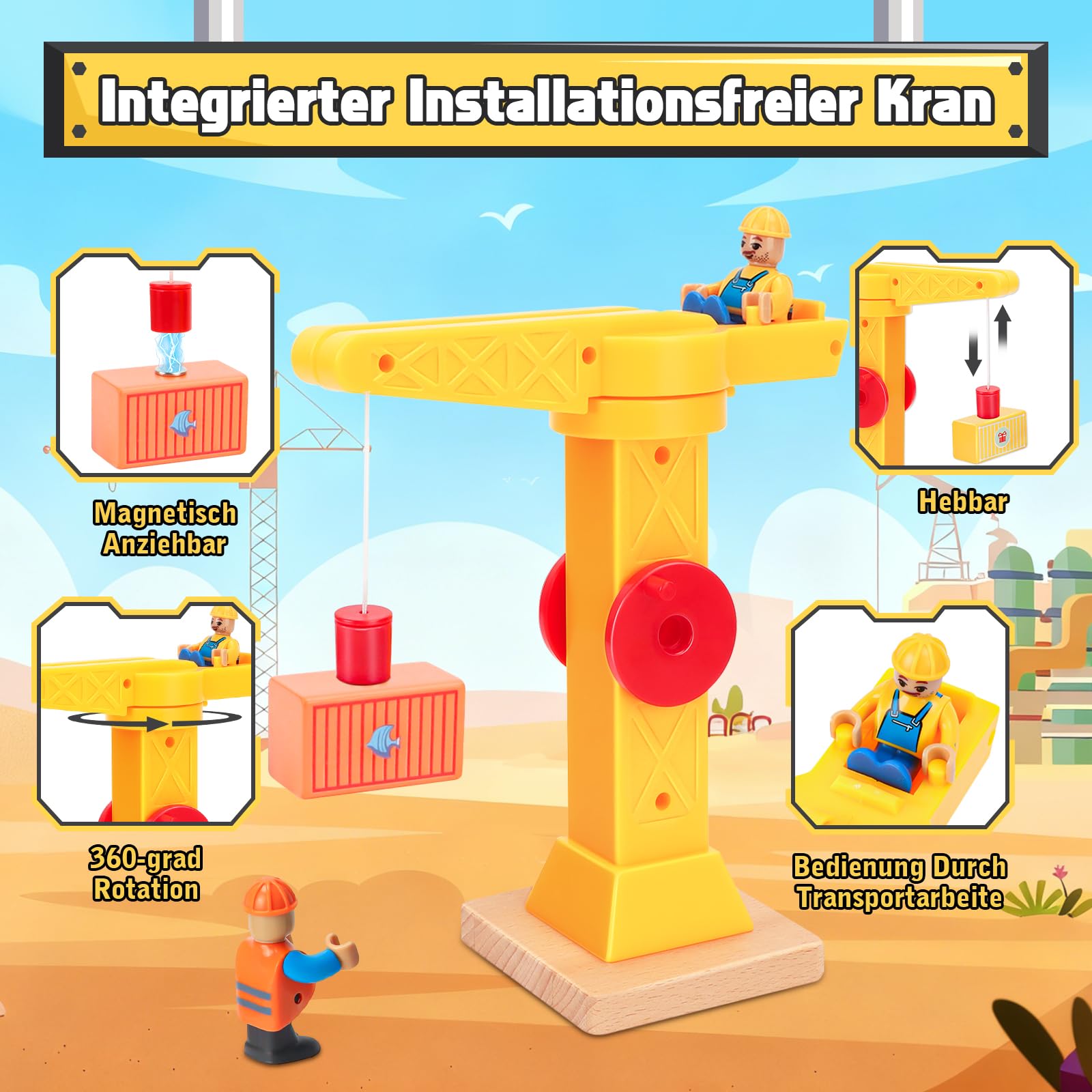 BuntWunder Baustellenfahrzeuge Kinder Kran Spielzeug, Baustelle Spielzeug ab 3 Jahre, Baufahrzeuge Kinder Holzspielzeug mit Turmkran Anhänger Gabelstapler Schiff, Geschenk Junge 3 4 5 Jahre 5