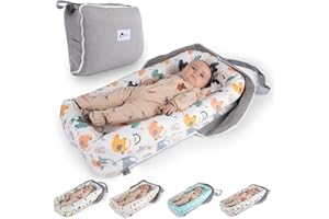 Joyful Journeys Baby Lounger - 2 in 1 Infant Lounger Baby Nest/Diaper Organizer - 100% Cotton Lounger Pillow - Portable Baby Lounger Travel Bed - Newborn Essential - 0-18 Months (Neutral Elephants)