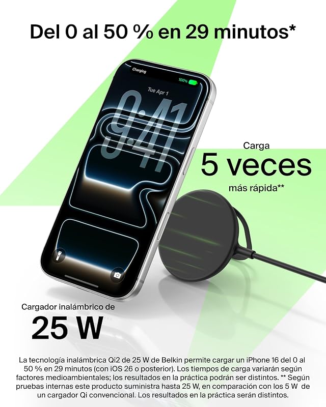 UltraCharge Cargador Inalámbrico Magnético Qi2 25W, Carga Rápida, Compatible con MagSafe, Refrigeración Pasiva y Soporte, iPhone 17 Series, Pixelsnap y AirPods Pro - Negro