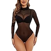Avidlove Long Sleeve Bodysuit for Women Turtleneck Sheer Mesh Bodysuit Geo Print Leotards