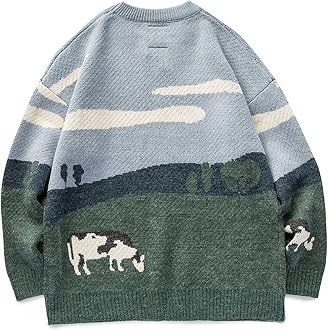 HOMISY HOMISY Sweaters for Men Vintage Knitted Sweater Round Neck Long Sleeve Sweaters Pullover Grassland Cow Sweater Pullover Green, Medium