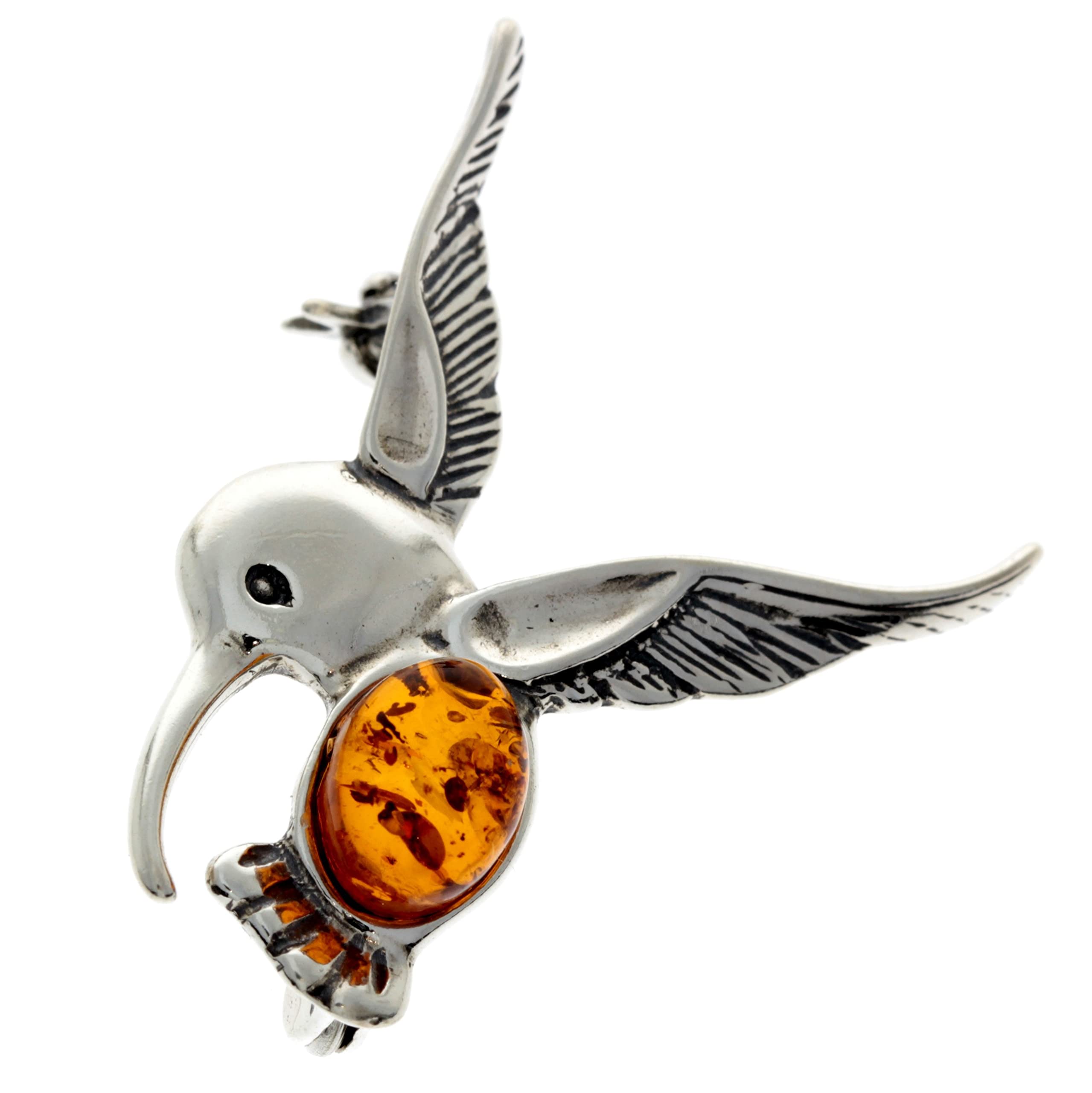 925 Sterling Silver & Baltic Amber Jewellery - Hummingbird Brooch 4070