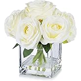 Enova Floral 7 Large Stems Artificial Silk Roses Fake Flowers Arrangement in Cube Glass Vase with Faux Water for Home Office Wedding Decoration (Cream)