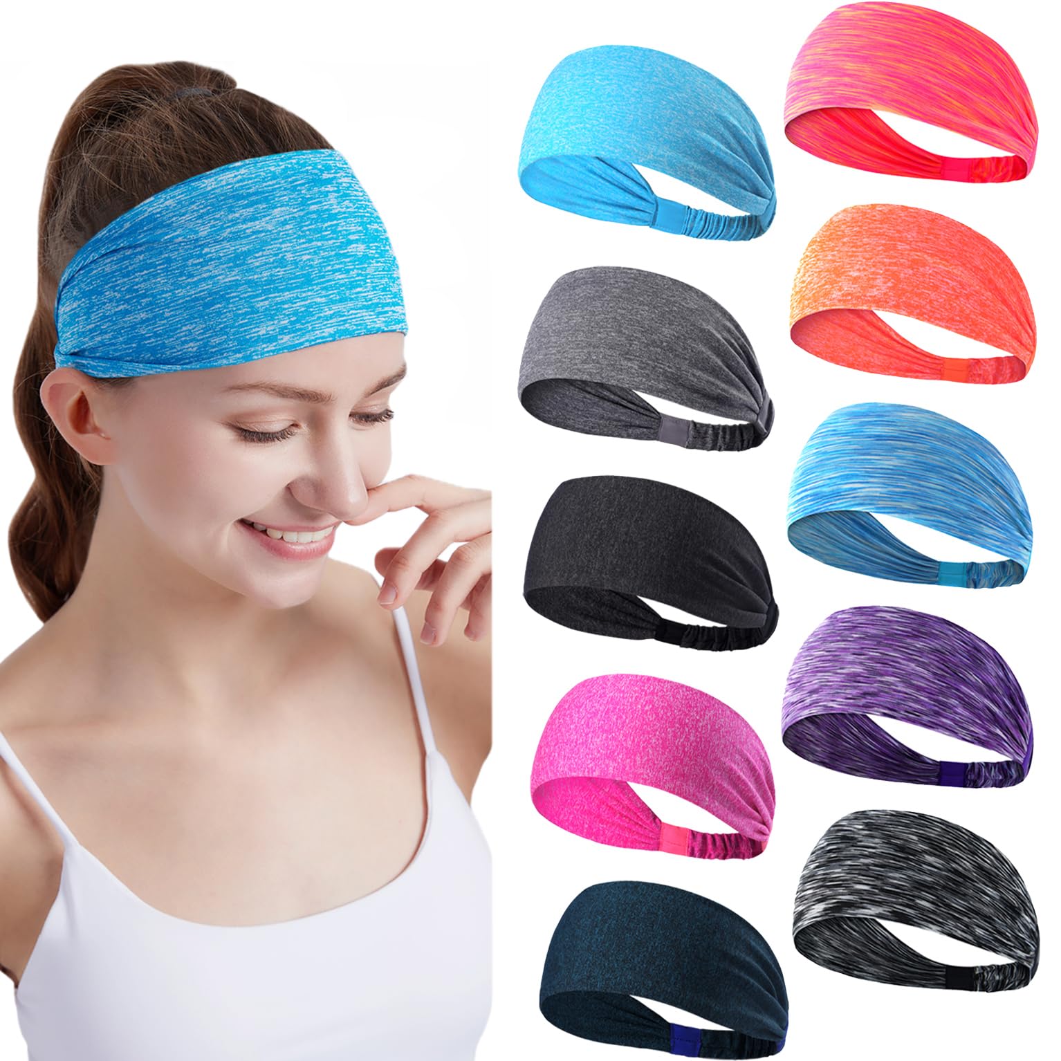 DASUTA Workout Headband for women, Running Sports Travel Fitness Elastic Wicking Multi Headbands Headscarf fits Sweatband 10 Pack