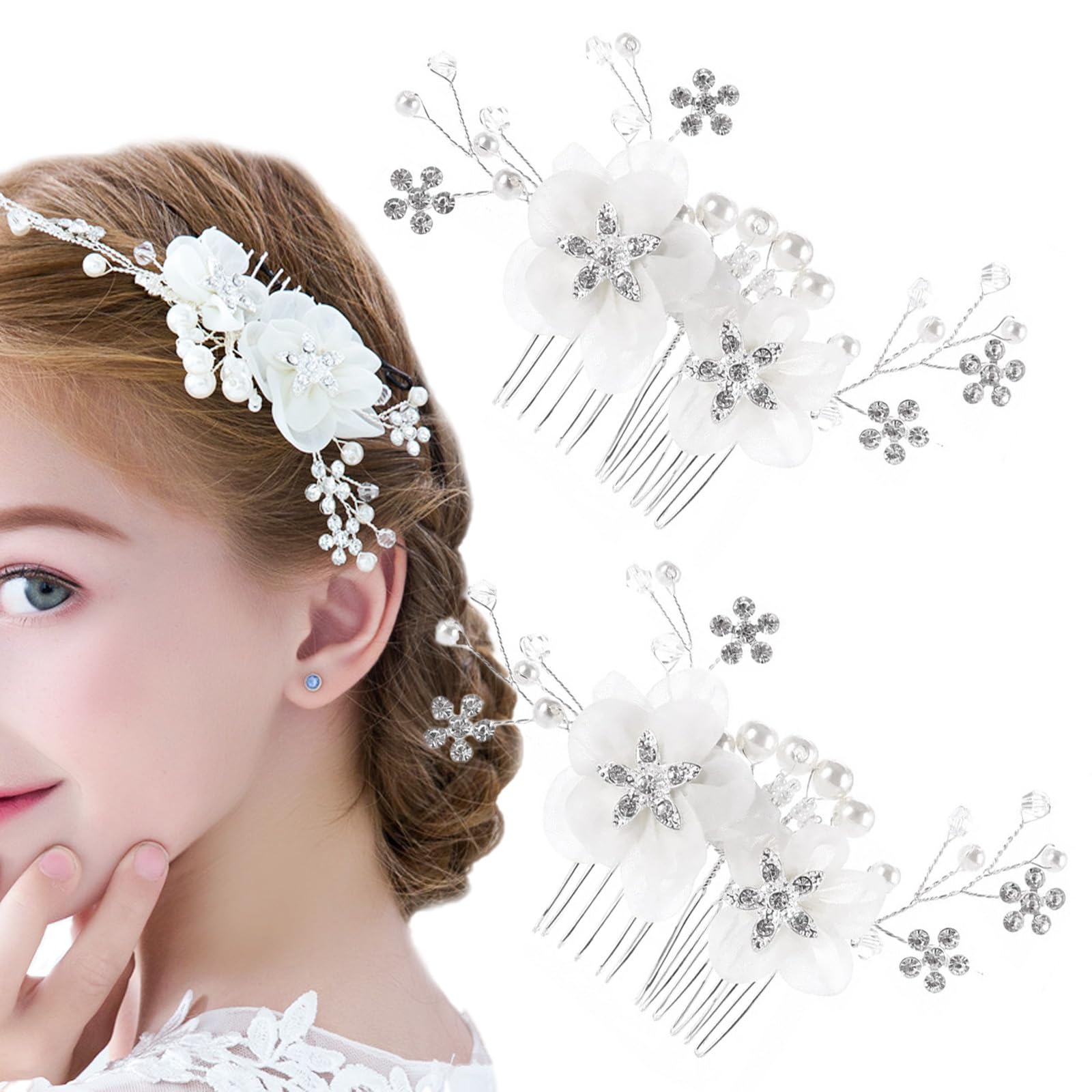 2 PCS Bride Wedding Flower Hair Comb Pearl Flower Rhinestone Hair Pins Handmade Bridal Bridesmaid Headpiece Stylish Elegant Floral Hair Pieces for Women and Girls Hair Jewelry Side Accessories